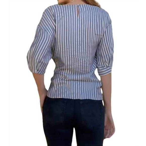 NEW EVA FRANCO yang top front tie blouse in stripe gold  lurex - Picture 2 of 4